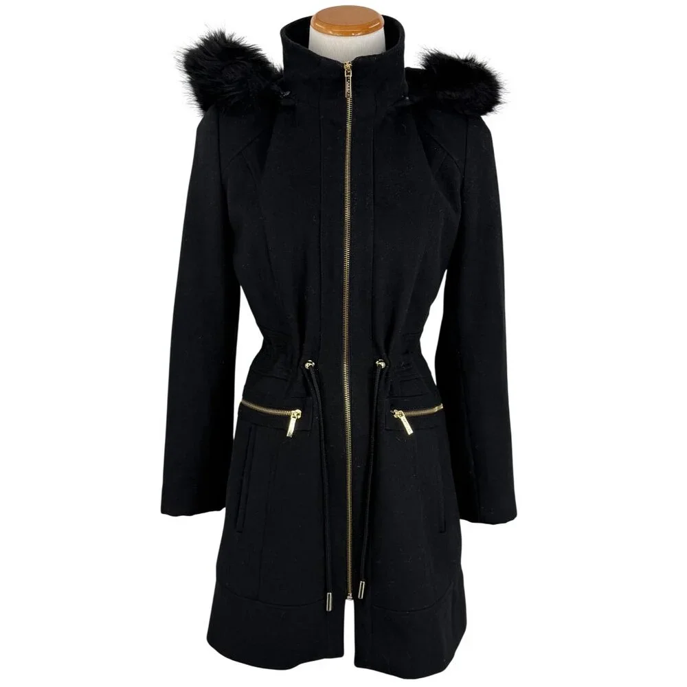 Laundry By Shelli Segal Black Wool Faux Fur Trim Hooded Coat | Cozy Quiet Luxury - Picture 14 of 16